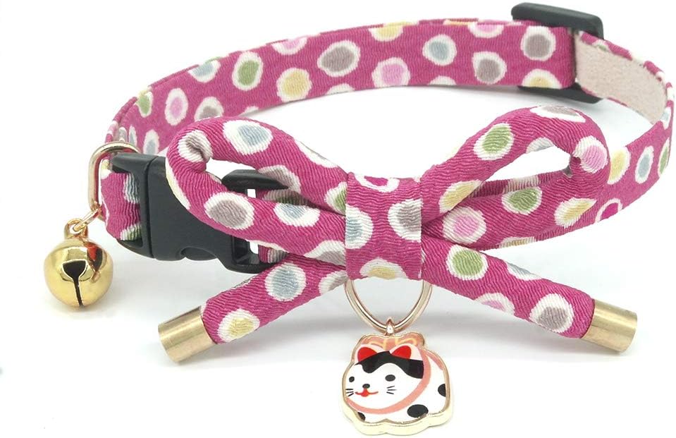 PetSoKoo Cute Bowknot Cat Collar with Bell. Japan Colorful Polka Dots Pattern. Lucky Cat Charm. Safety Breakaway, Soft, for Girl Boy Male Female Adult Cats,Pink