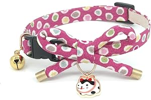 PetSoKoo Cute Bowknot Cat Collar with Bell. Japan Colorful Polka Dots Pattern. Lucky Cat Charm. Safety Breakaway, Soft, for Girl Boy Male Female Adult Cats,Pink
