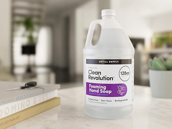 CLEAN REVOLUTION FOAMING HAND SOAP REFILL SUPPLY CONTAINER. READY TO USE FORMULA. NATURAL LAVENDER FRAGRANCE, 128 FL. OZ