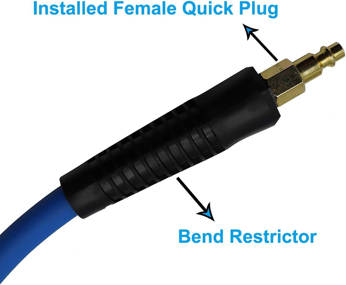 YOTOO Hybrid Lead-in Air Hose 3/8-Inch by 10-Feet 300 PSI Heavy Duty, Lightweight, Kink Resistant, All-Weather Flexibility with 1/4-Inch Brass Male Fittings, Bend Restrictors, Blue - - 
