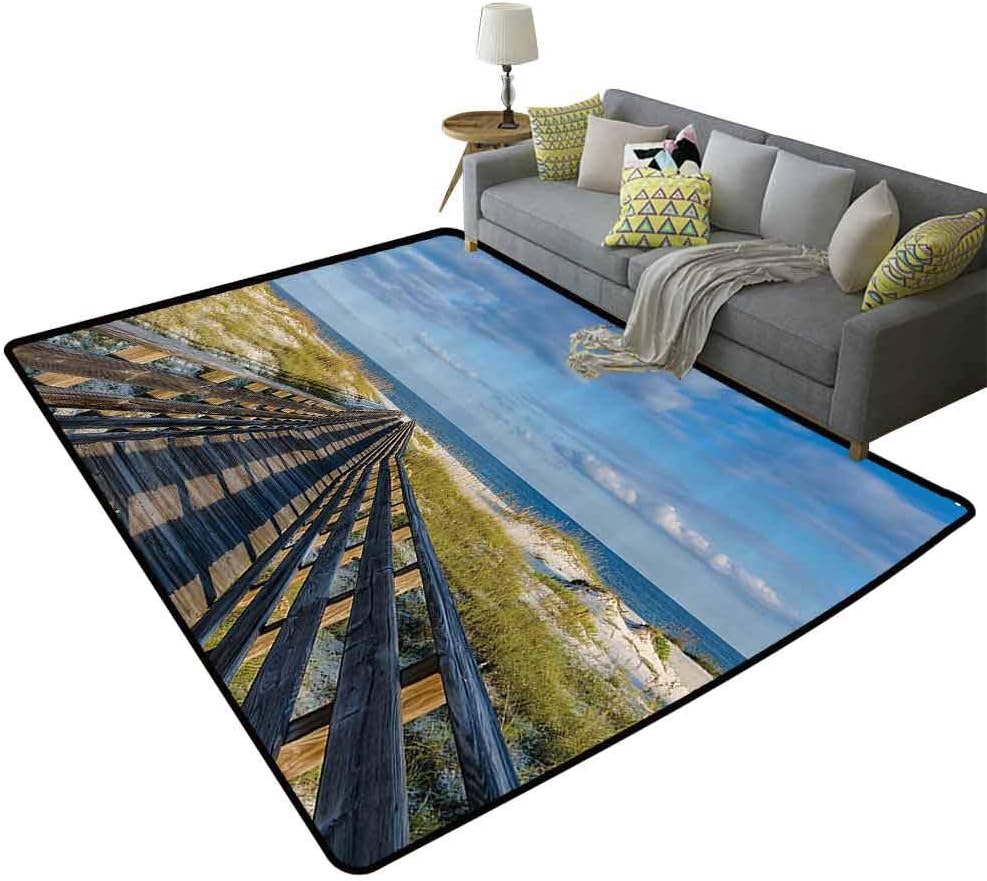 Seaside Decor Collection Printed Rug Deck to The Alabama Gulf Coast Timber Honeymoon Travel Destinations Summer Image Easy to Clean Blue Green Ivory, 3'x 5'(90x150cm)