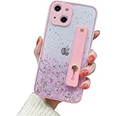 siduater Strap Holder Case for 6.7" iPhone 14 Plus with Wristband Kickstand, Bling Glitter Sparkle Clear Cover Soft TPU Bumper Adjustable Hand Grip Loop for iPhone 14 Plus 6.7 Inch, Pink