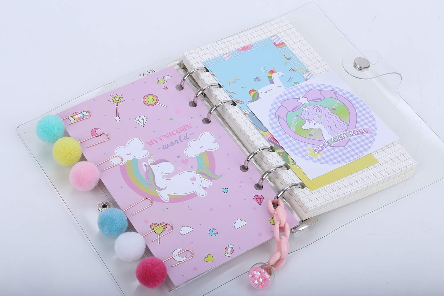 Amazon Guan A6 システム手帳 ジブン手帳 6穴 リング 5mm 方眼ノート 8mm 横罫 リフィル 各45枚 Pvc透明 カバー ルーズリーフ バインダー 可愛い メモ帳 おしゃれ 自由帳 人気 プレゼント ユニコーン クリア システム手帳 文房具 オフィス用品