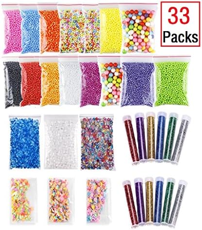 Ouker Slime Making Kits Supplies(33 Pack)-Fishbowl Beads,Foam Balls,Glitter Shake Jars,Fruit Flower Candy Slices Accessories,DIY Art Craft for Homemade Slime