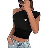 SOLY HUX Women's Off The Shoulder T Shirts Short Sleeve Fitted Going Out Crop Tops Pure Black Large
