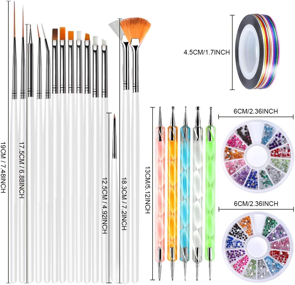 Nail Art Brushes, Teenitor 3D Nail Art Paiting Polish Design Kit with 15 Nail Gel Brushes, Nail Dotting Pen 5pcs, 12 Colors Nail Rinestones & 10 Adhesive Nail Striping Tape for False Acrylic Nails: Arts, Crafts & Sewing