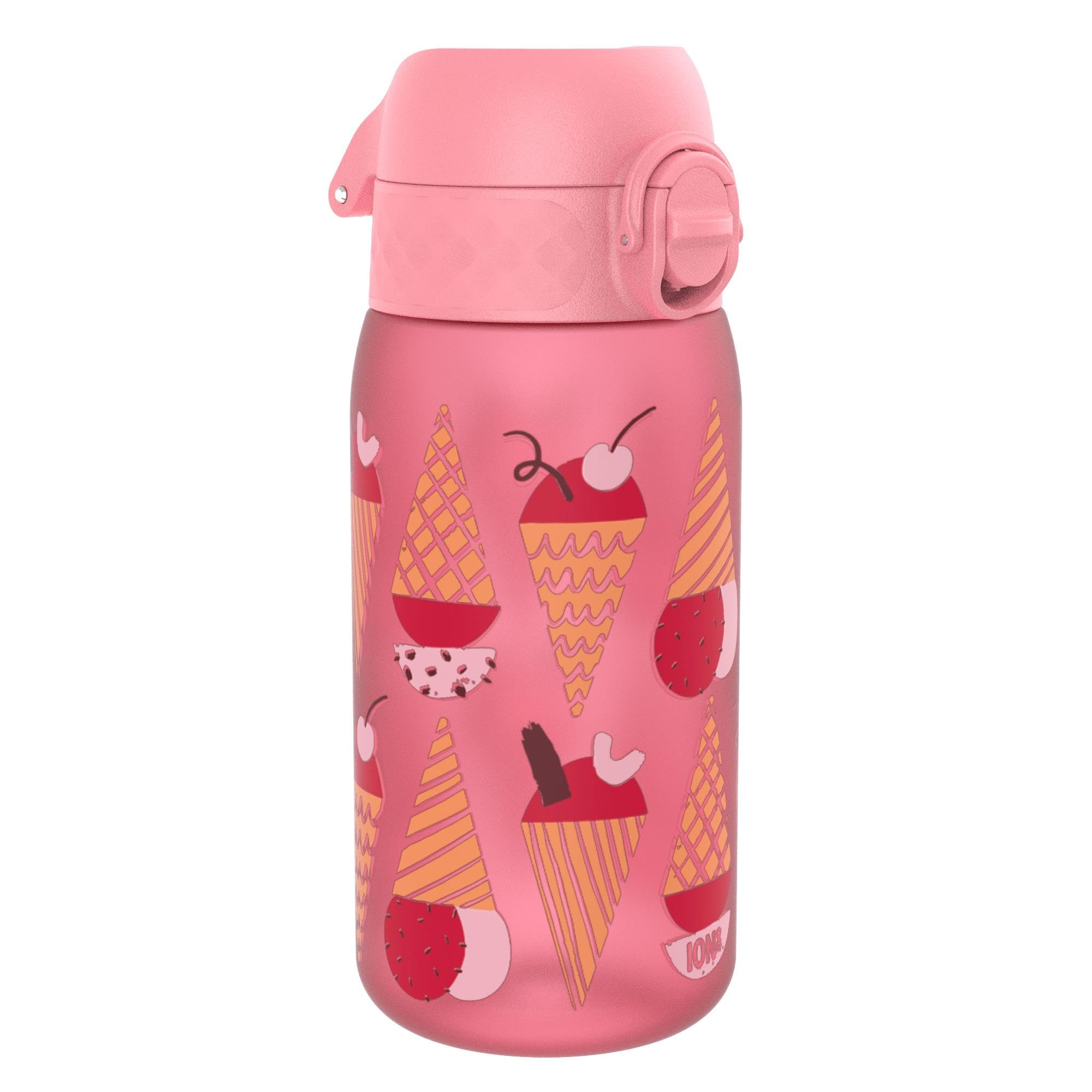 Ion8 Kids Water Bottle, 350 ml/12 oz, Leak Proof, Easy to Open, Secure Lock, Dishwasher Safe, BPA Free, Carry Handle, Hygienic Flip Cover, Easy Clean, Odour Free, Carbon Neutral, Pink, Ice Creams
