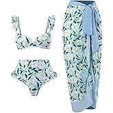 IDOPIP Women's 3 Pieces Swimsuit with Cover up Beach Skirt Sarongs and Two Piece Floral Printed Bikini Bra Set Bathing Suit