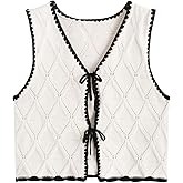 Verdusa Women's Old Money Bow Tie Crochet Sweater Vest Contrast Binding Knot Front V Neck Knit Top