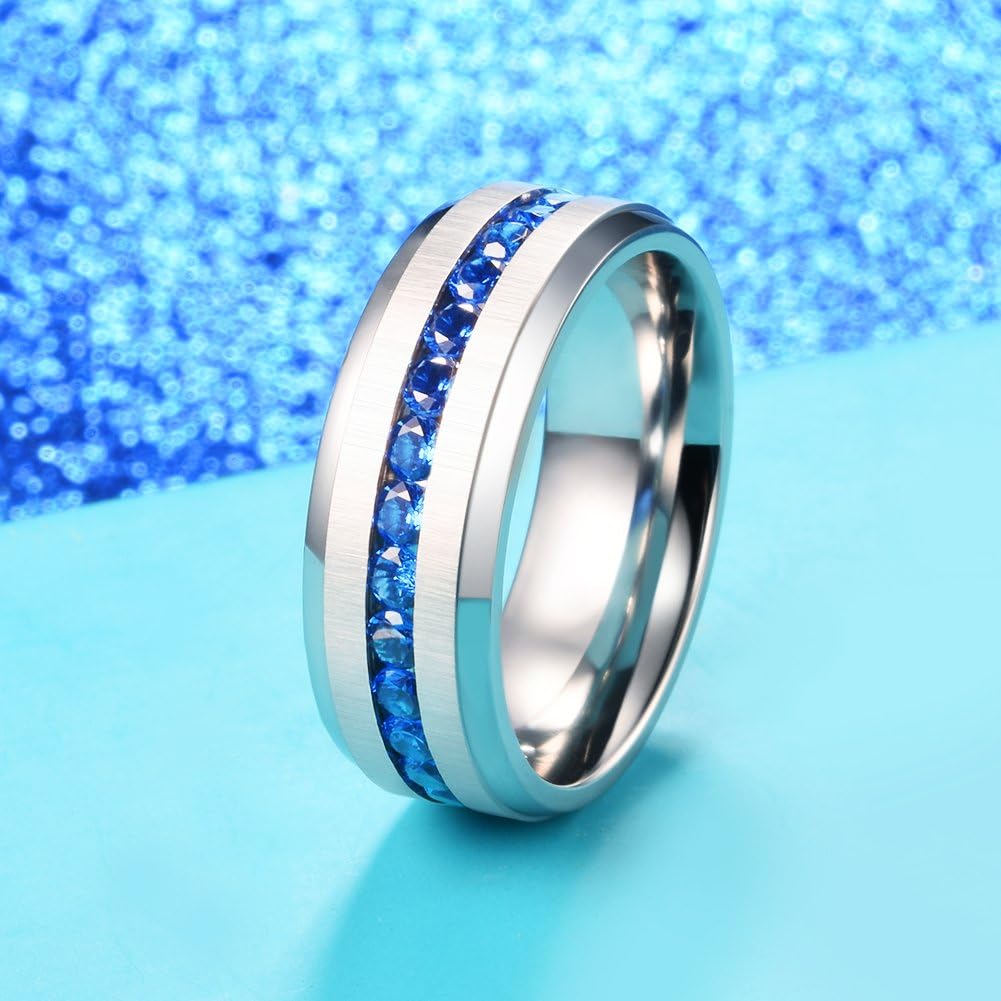 King Will 8mm Silver/Black Titanium Ring for Men Women Wedding Band With Blue/White Inlay Engagement Ring | 
