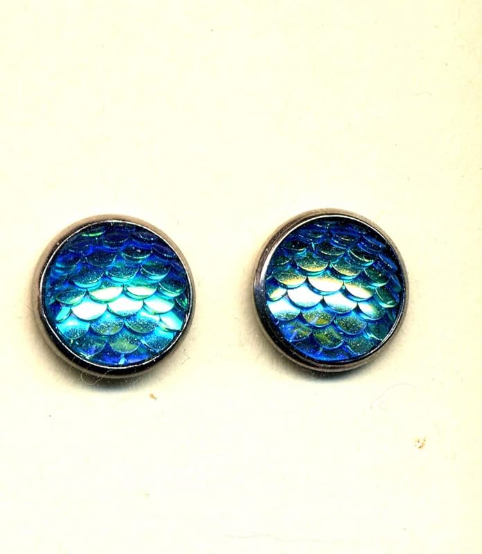 Aqua Fish Scale Earrings, Mermaid Tail Small Stud Earrings