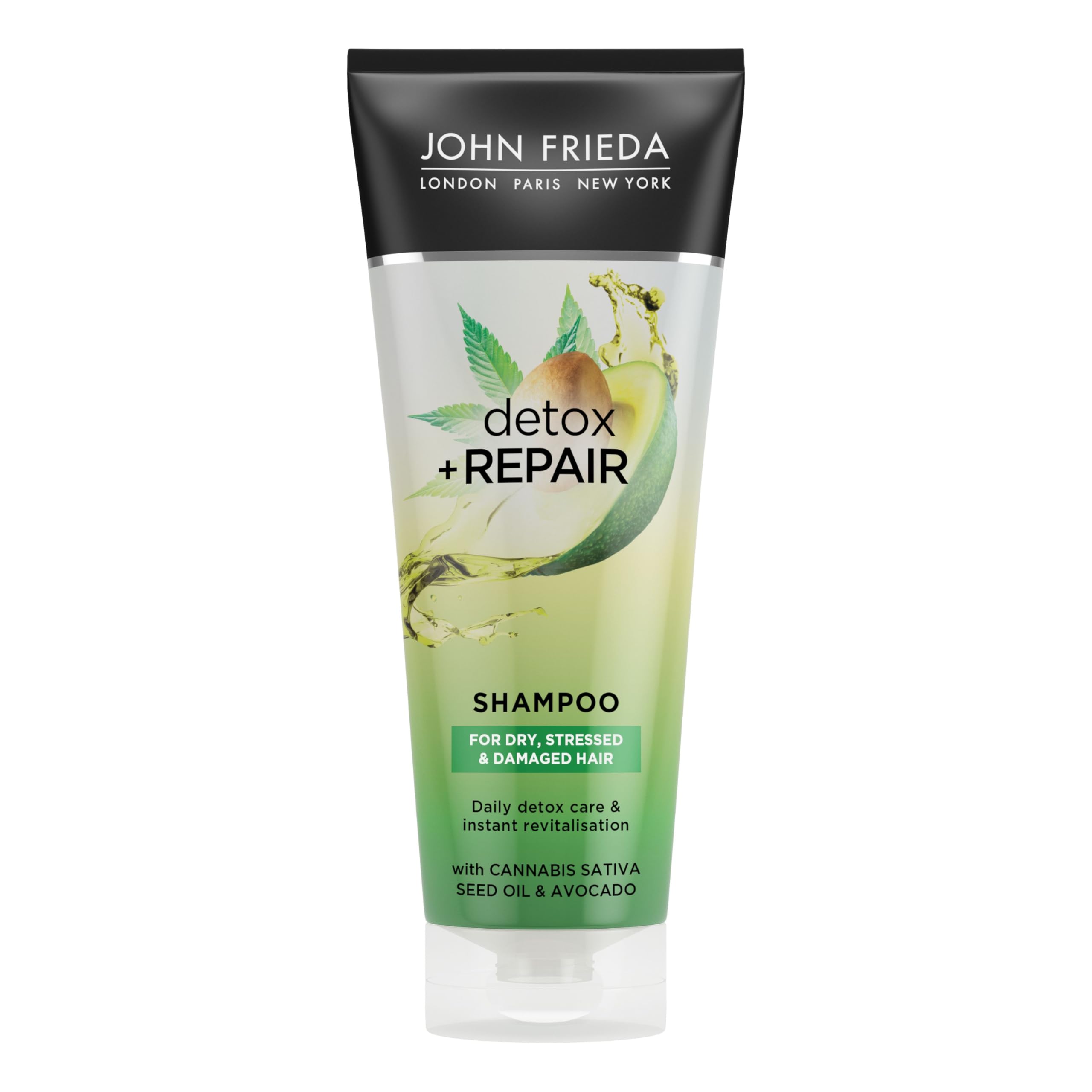 John Frieda Detox & Repair Shampoo 250 ml, Hydrating and Smoothing Shampoo for Dry, Stressed and Damaged Hair with Avocado Oil and Green Tea