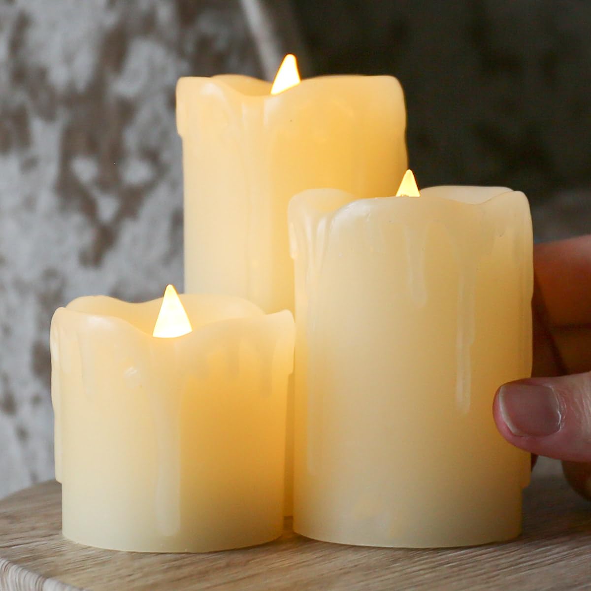 Festive Lights - Set of 3 Real Wax Cream LED Pillar Candles – Warm White Flickering Flameless Candles with Dripping Effect, Batteries Included – Indoor Home, Wedding & Event Décor