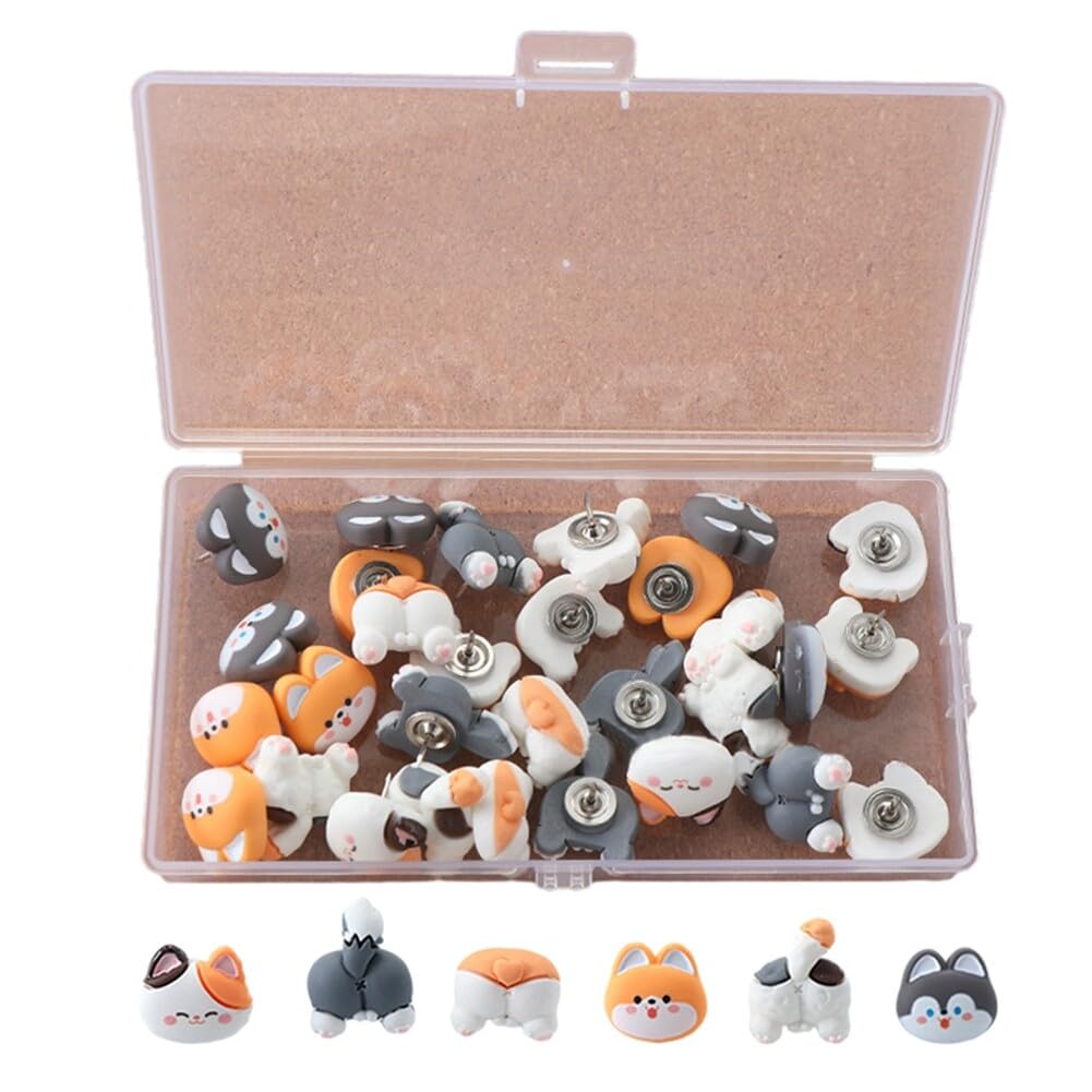 30Pcs Cute Push Pins, Decorative Cute Thumb Tacks Cat & Dog Bulletin Board Pins Funny Animal Cork Board Accessories with Storage Box for Photos Posters Maps Aesthetic Funny Push Pins