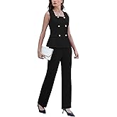 Women's 2 Piece Blazer Outfits Square Neck Sleeveless Vest High Waist Pants Suit Set for Business Casual Office Work