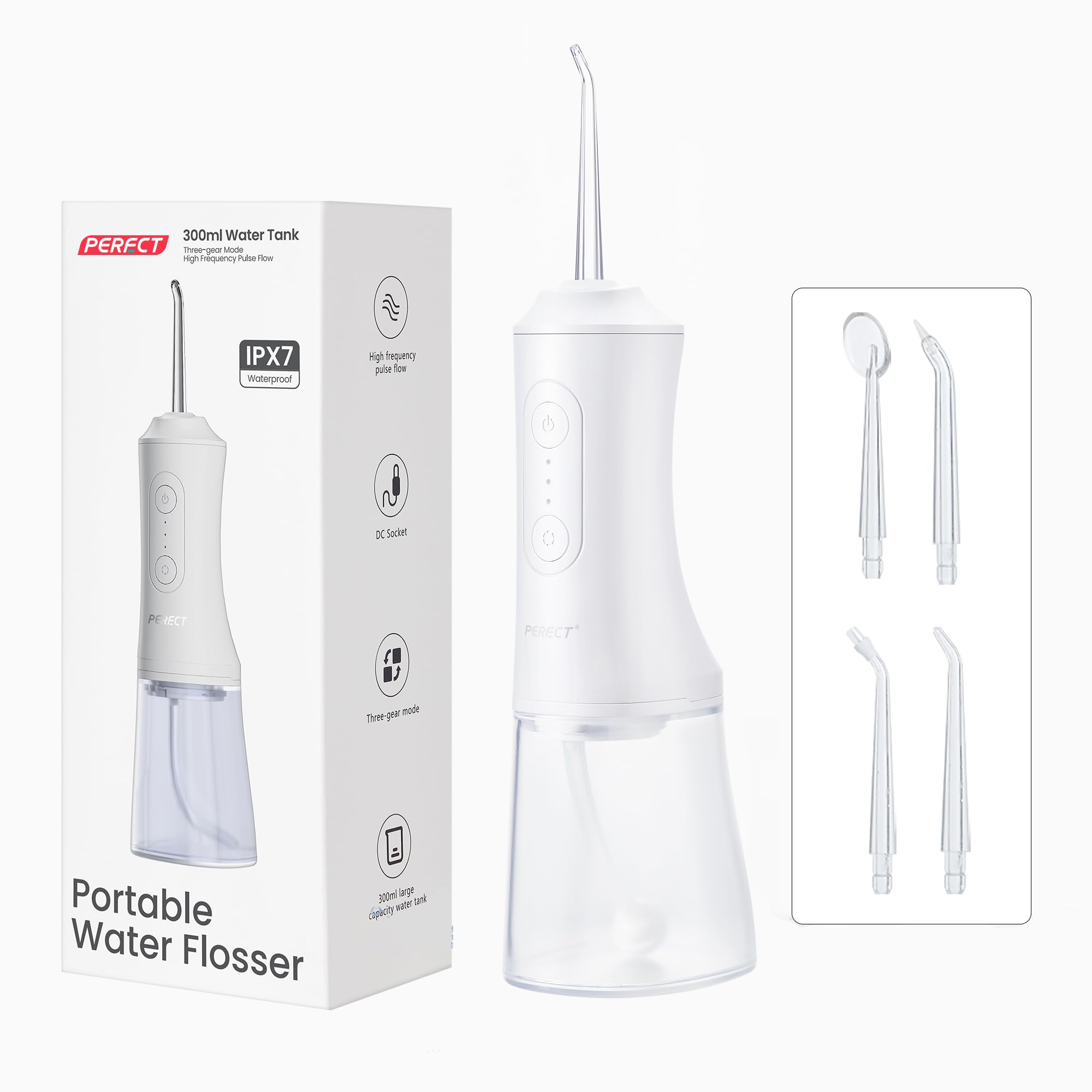 PERECT Water Flosser with 300ML Water Tank, 3 Modes, 4 Replaceable Jet Tips, Cordless Water Dental Flosser, IPX7 Waterproof, Water Flosser for Teeth Cleaning at Home and Travel(White)