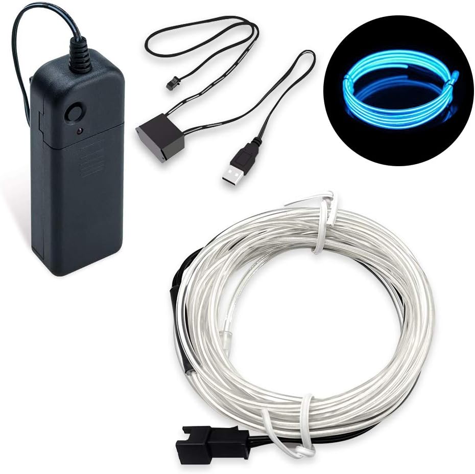 SZMAITOU 16ft EL Wire Neon Lights kit with Portable AA Battery Inverter and USB Driver for Car Interior Halloween Christmas Party Decoration Decoration - 5m/16ft, Ice Blue