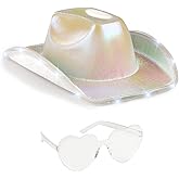 Funcredible Silver Light Up Cowboy Hat and Glasses - Holographic Led Cowgirl Hat - Space Cowgirl Outfit - Cowgirl Costume Accessories for Women