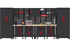 HPDMC Garage Storage Cabinet System - 2 * 6-Pcs Workshop Set with Steel Cabinet Drawers, Rolling Chest, Workbench, Pegboard for Tool Organization