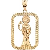 Solid 14k Yellow Gold Santa Muerte Rope-Style Rectangular Frame Pendant