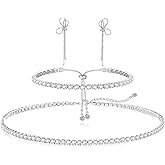 HAXIYA Tennis Necklace Bracelet for Women, Sterling Sliver, Dainty Chocker Necklace, Crystal Bracelet for Women, Wedding Jewelry for Bride, Sparkly Party Prom Hypoallergenic