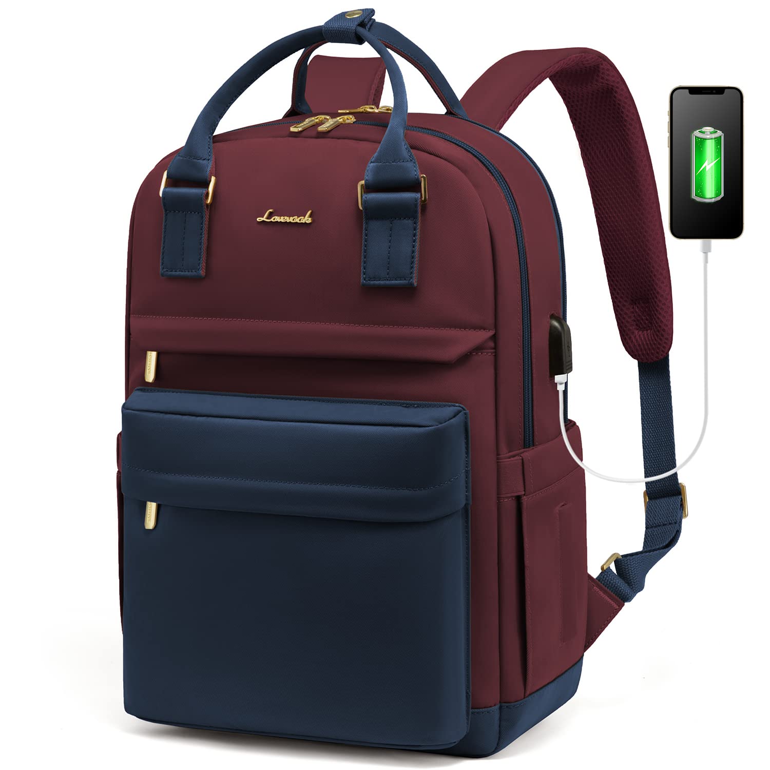 LOVEVOOK Backpack Womens, 15.6 Inch Laptop School Bags for Women Waterproof Computer Rucksack with USB Port for Travel Business College Work, Dark Blue Burgundy — image 1