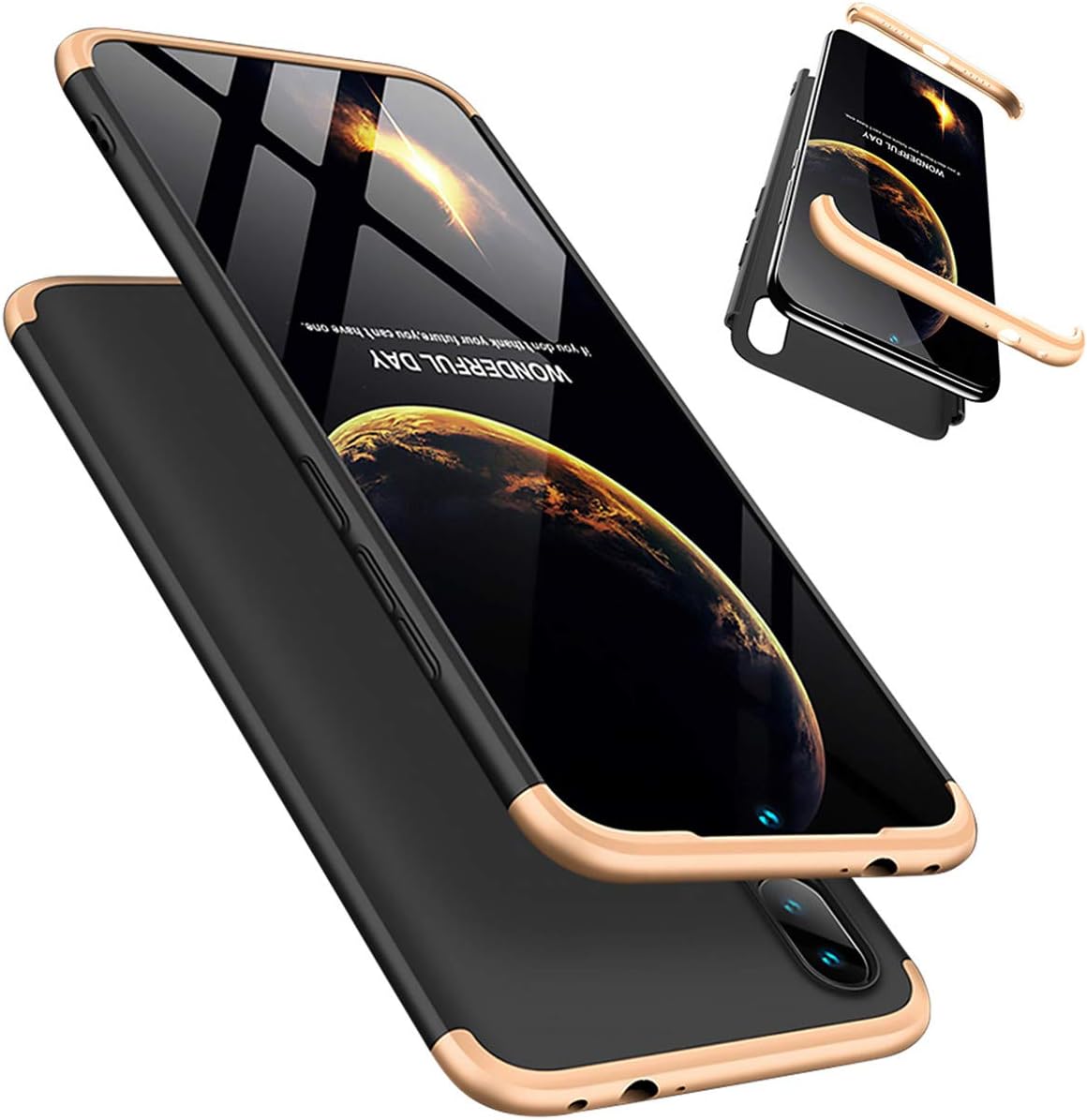 Xiaomi Redmi Note 7/Note 7 Pro Case, Laixin Protection 3 in 1 Slim Hard PC Cover with Screen Protector Shockproof Shell Full Body Protective Case Bumper (Gold & Black)