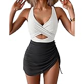 B2prity Women Mesh One Piece Swimdress Swimsuit Tummy Control Cutout V Neck Bathing Suit Wrap Drawstring Sarong Swimwear White,Black