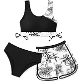 Girl's 3 Piece Bikini Bathing Suit Printed Sport Swimsuits with Shorts Cove Up Sets Teen Girl's Swimwear