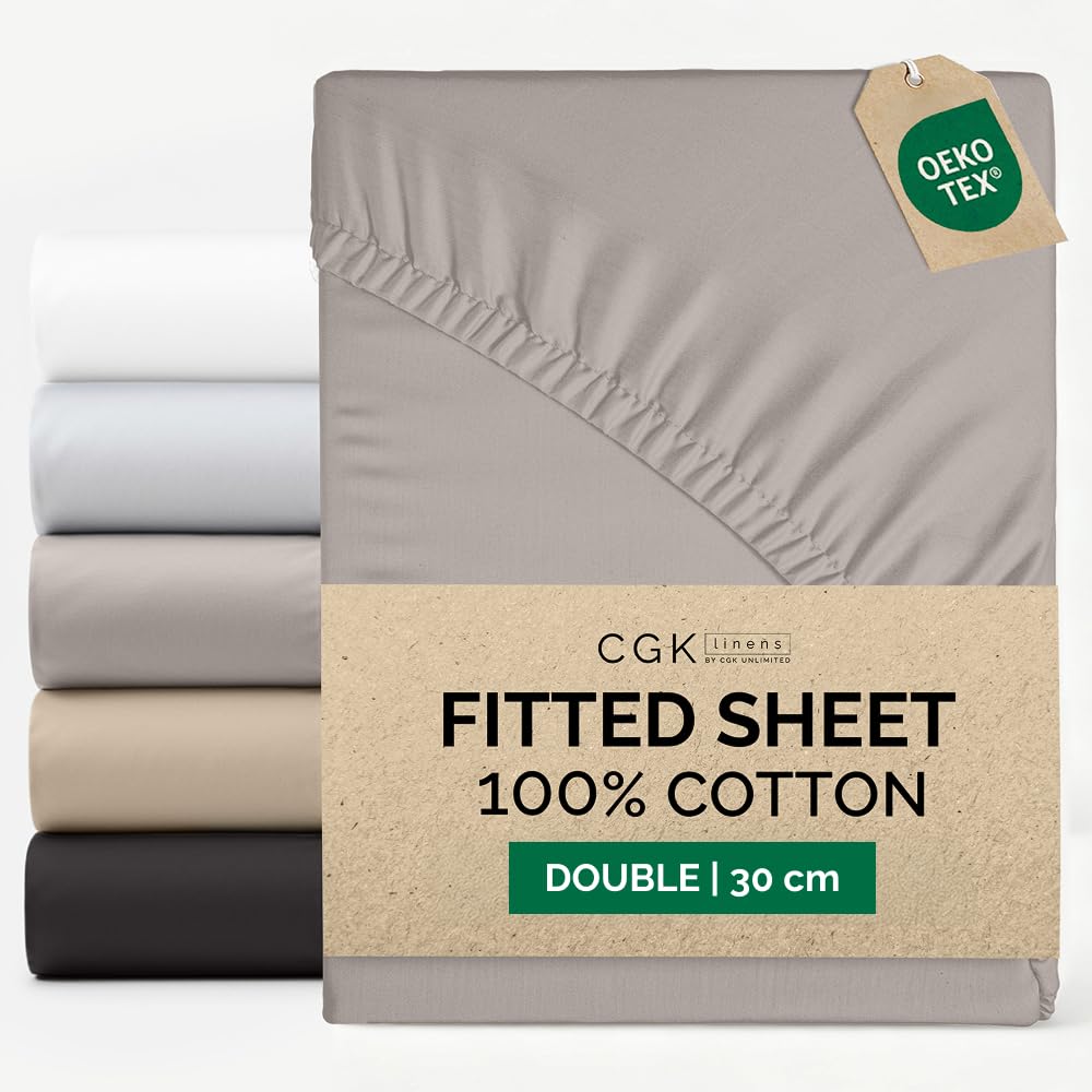 Double Fitted Sheet 135x190 cm - 100% Cotton Sateen 400 Thread Count - Deep Fitted Sheet for Mattresses up to 30 cm (12")- Soft, Breathable & Wrinkle Free - Hotel Quality - OEKO-TEX - Light Grey