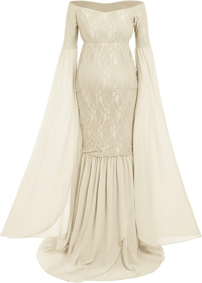 Amazon.com: Women's Bell Long Sleeve Off Shoulder Floral Lace Maternity Dress for Photography 