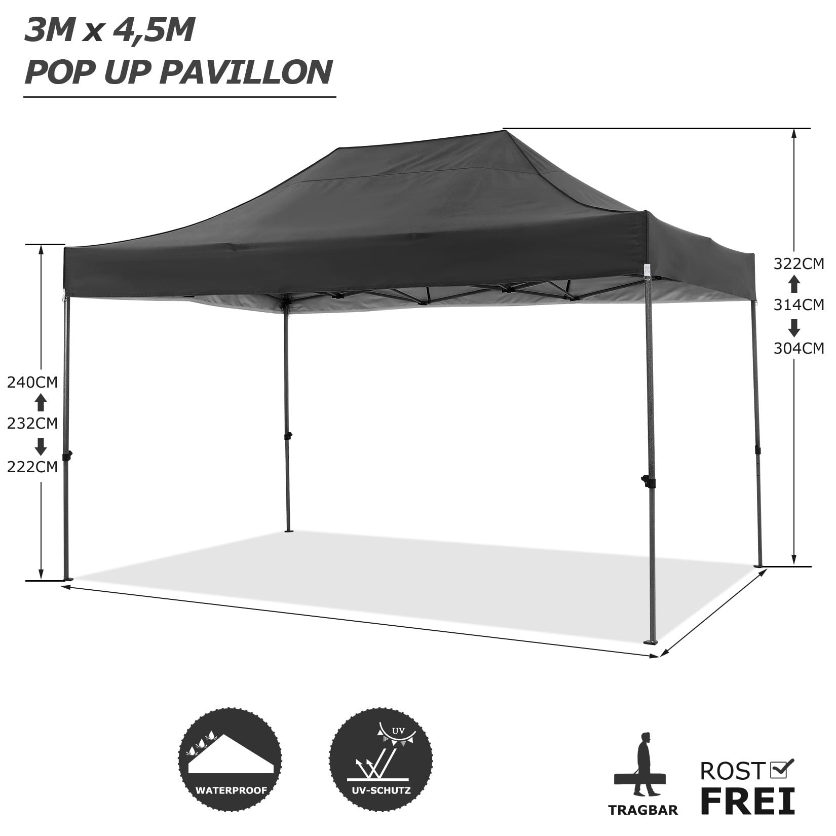 COBIZI Pavillon 3x4,5 Wasserdicht Stabil Winterfest mit Seitenwand,Schwarz 4