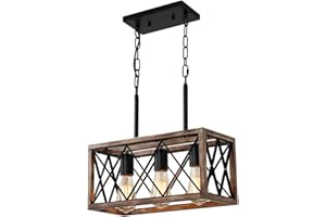 KEESFU Farmhouse Kitchen Island Lighting, 3 Lights Pendant Lighting Fixtures, Adjustable Height, Industrial Dining Room Light for Living Room Foyer Dining Table Over Sink. (Wood Grain Color)