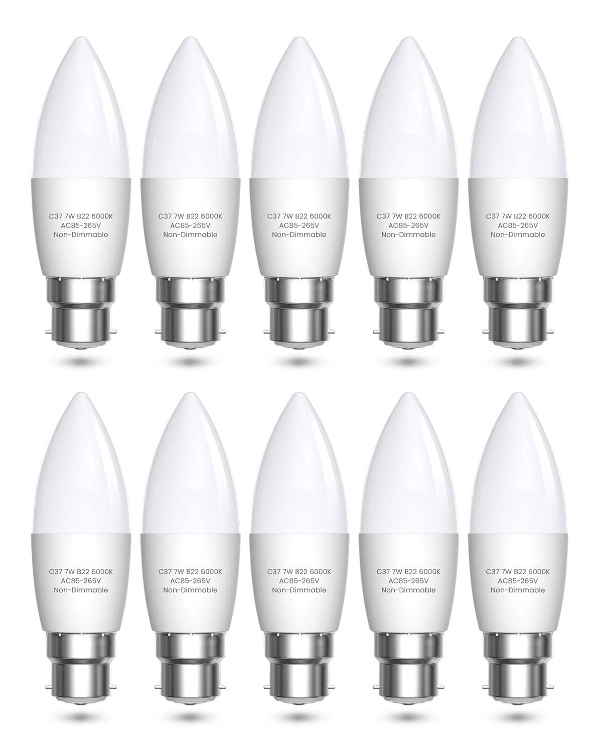 Bonlux B22 LED Candle Light Bulbs Bayonet 60W Equivalent, 7W Bayonet Light Bulb B22 LED Candle Bulb Warm White 3000K for Chandelier, C37 Energy Saving Light Bulbs 600LM, Non-Dimmable, Pack of 10