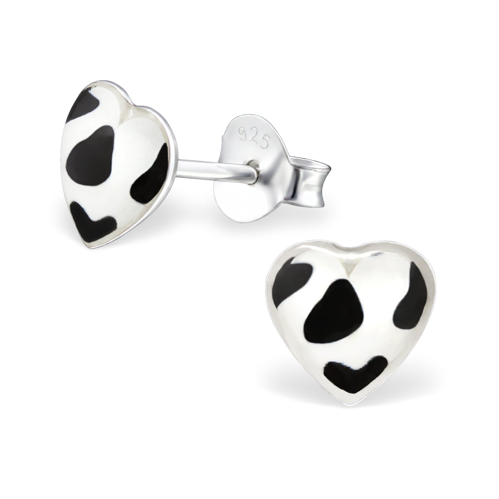 Sterling Silver Cow Print Heart Stud Earrings - Cute Black & White Animal Print Studs for Women, Girls & Teens