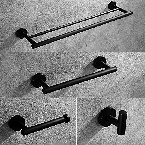 Gexmil Stainless Steel Bathroom Hardware Set Matte Black 4 Pieces Bathroom Hardware Accessories Sets Wall Mounted Double Towel Bar Towel Holder Hook Toilet Paper Holder Mounting Tools Included