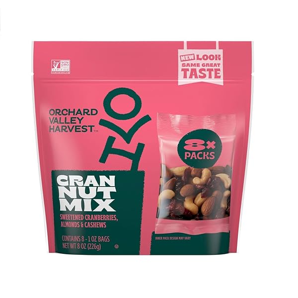 ORCHARD VALLEY HARVEST CRAN NUT TRAIL MIX, 1OZ NAGS (PACK OF 8), SWEETENED CRANBERRIES, ALMONDS, CASHEWS, GLUTEN FREE, TRAIL MIX INDIVIDUAL PACKS, SNACKS FOR ADULTS, 4G PLANT BASED PROTEIN PER SERVING