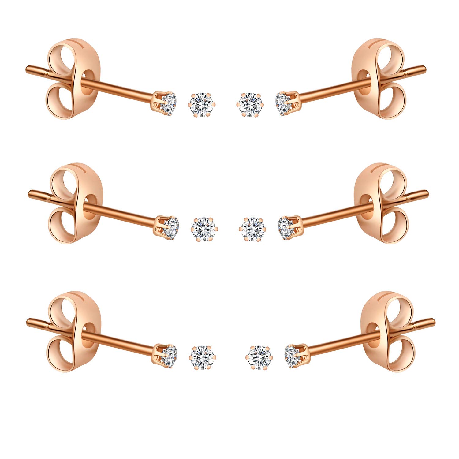 FOSIR 6 Pairs 3mm Tiny Women's 14K Rose Gold Plated Stainless Steel Round Clear Cubic Zirconia Stud Earrings