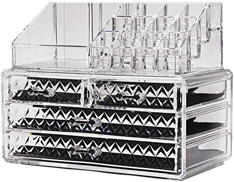 Xuzog Acrylic Diamond Pattern Jewelry Display Boxes &amp; Cosmetic Storage Makeup Organizer 2 Pieces Set 4 Drawers
