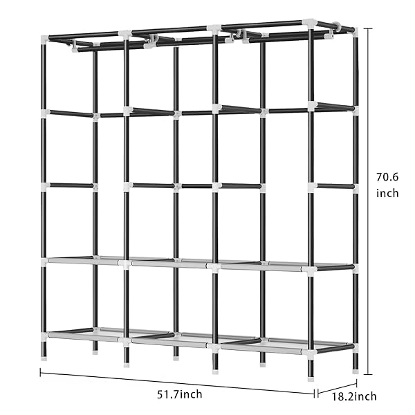 LOKEME WARDROBE CLOSET,PORTABLE CLOSET FOR BEDROOM STEEL PIPE DIAMETER 19MM STRONG AND STURDY GREY PORTABLE CLOSETS FOR HANGING CLOTHES WITH 3 HANGING RODS, 6 STORAGE SHELVES AND SIDE POCKETS