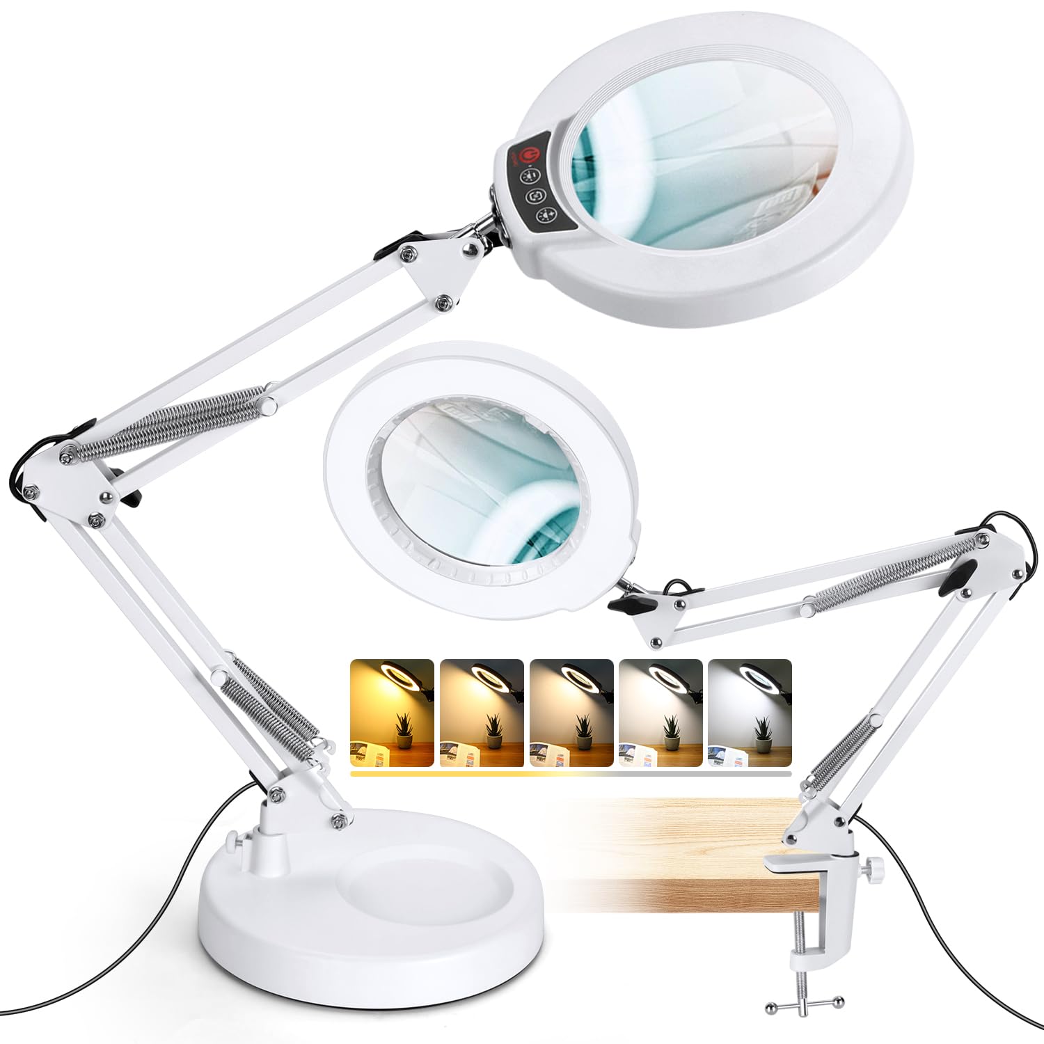 Photo 1 of 10X Magnifying Glass with Light and Stand, 2-in-1 Desk Lamp & Clamp Light, 5 Color Modes, Brightness Stepless Dimmable LED Lighted Magnifier Hands Free, Magnifier Lamp for Crafts - White