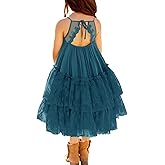 MITILLY Girls Boho Lace Backless Square Neck Sleeveless A Line Ruffle Tiered Flowy Long Party Dress