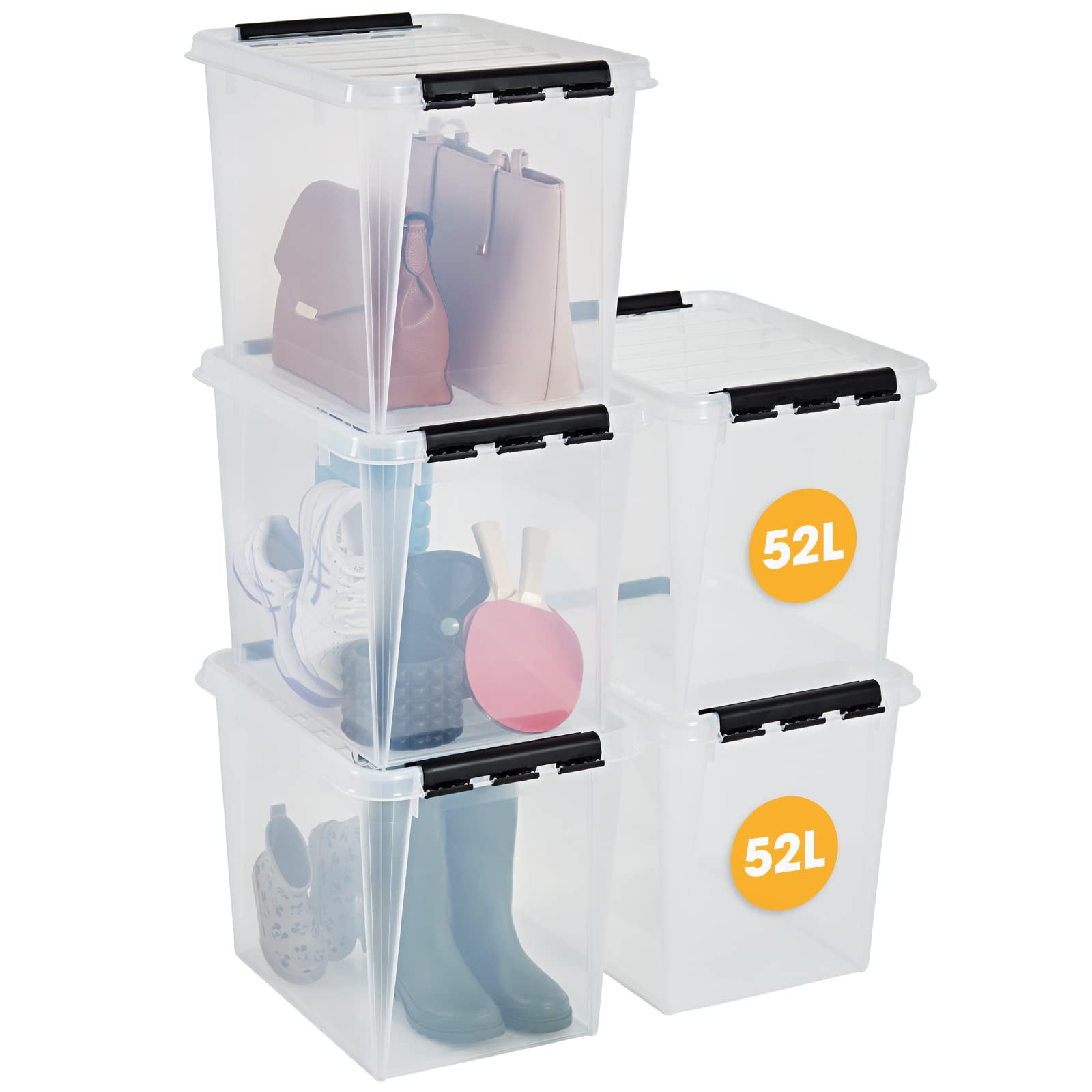 SmartStore 52L Large Plastic Storage Boxes with Lid, 5 Pack, Reinforced, Clear, 10 Year Guarantee, Food Safe, Clip Locked, Stackable and Nestable, BPA Free, L50 x W39 x H41 cm