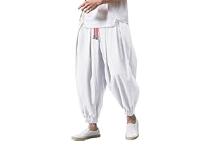 GOSEAGOTOFUN Linen Pants Men Casual Harem Pant Loose Stretchy Waist Casual Hippie Trousers Lightweight Loose Beach Yoga Pants