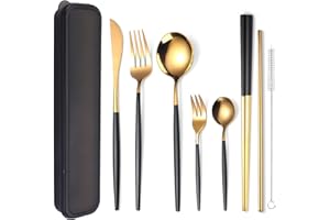 AARAINBOW 8 Pieces Stainless Steel Flatware Set Portable Reusable Cutlery Set Travel Utensils Set Including Chopsticks Knife Fork Spoon Straws Cleaning Brush Dishwasher Safe (Black Golden)