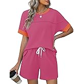 Rapbin Comfy Summer Sets with Pockets Loose Fit Color Block Design Matching 2 Piece Sets with Drawstring Waist