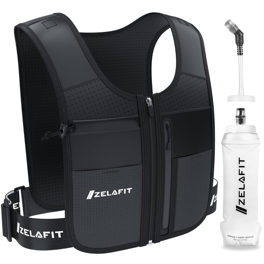 ZelaFit® Running Vest with Running Water Bottle and Straw - Reflective Hydration Vest with 8 Pockets - Hydration Backpack Alternative for Men & Women