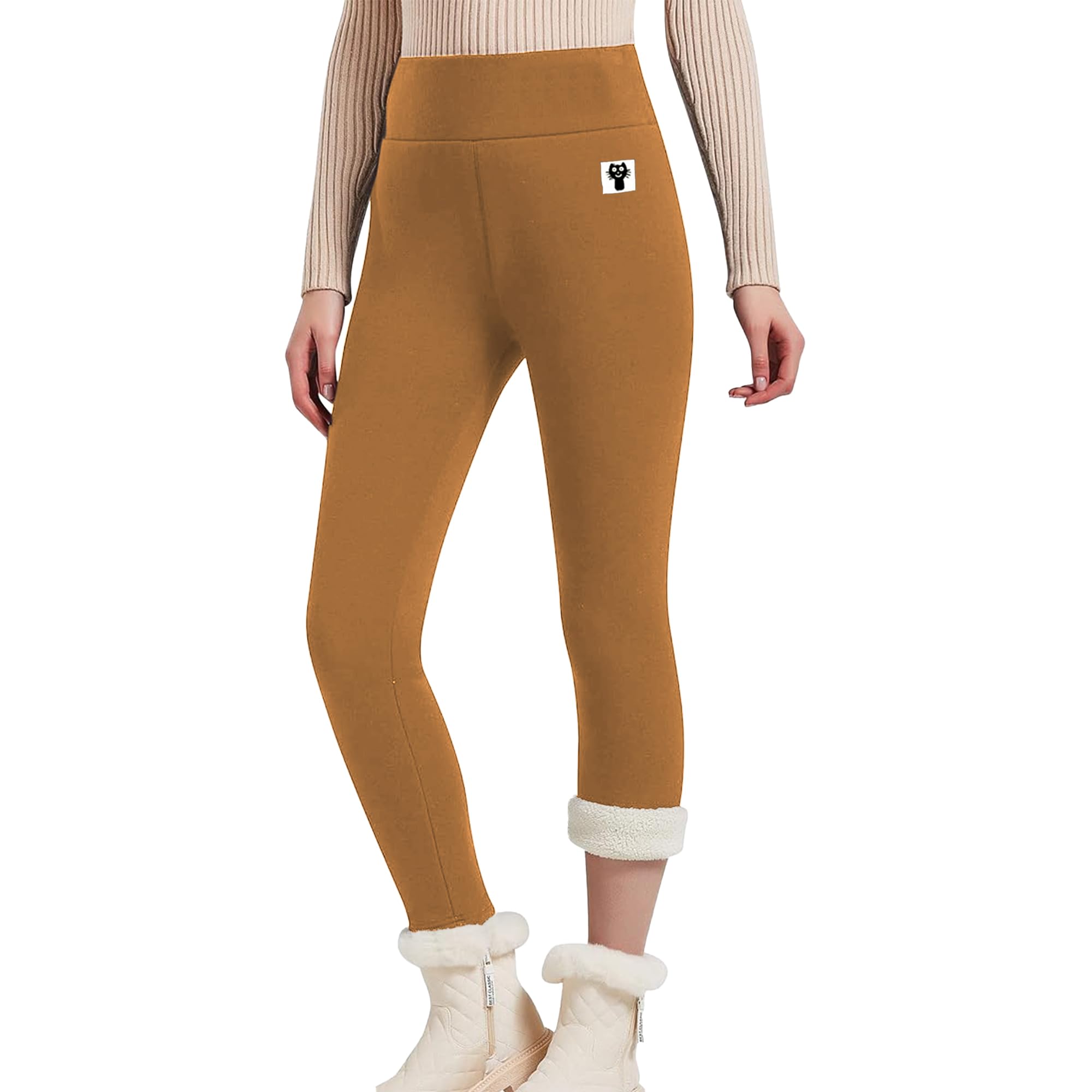 Hixiaohe Casual Sherpa Fleece Lined Leggings Women Winter Warm Pants High Waisted Stretchy Thick Thermal Tights Cold Weather Brown Image