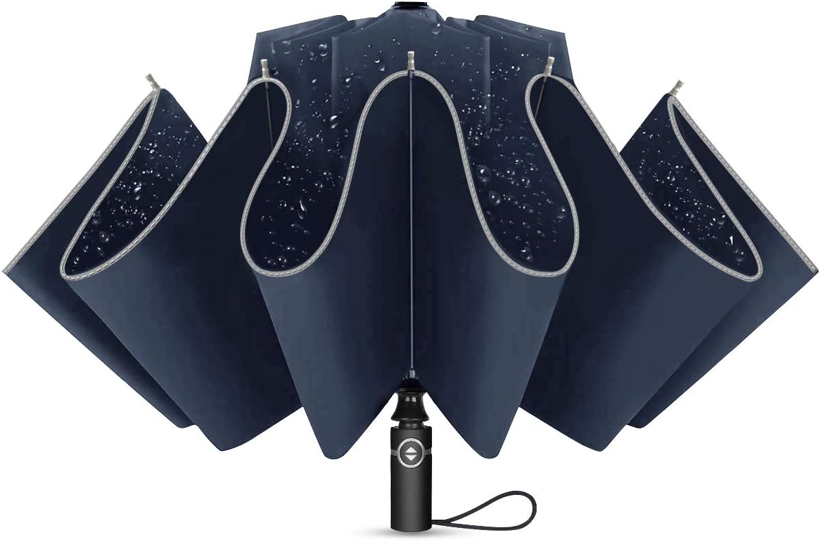 YUECHAO 46Inches Windproof Folding Umbrella for Mens Women - Auto Open/Close - Teflon Coated Double Canopy Compact Lightweight Travel Umbrella with 10 Steel Ribs, Night Reflective Stripes for Safety