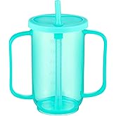 Sliner Adult Sippy Cups for Elderly 12 oz Straw Sippy Cups with 2 Handles No Spill for Adults Spill Proof Dysphagia Cup for Disabled Patients(Turquoise)